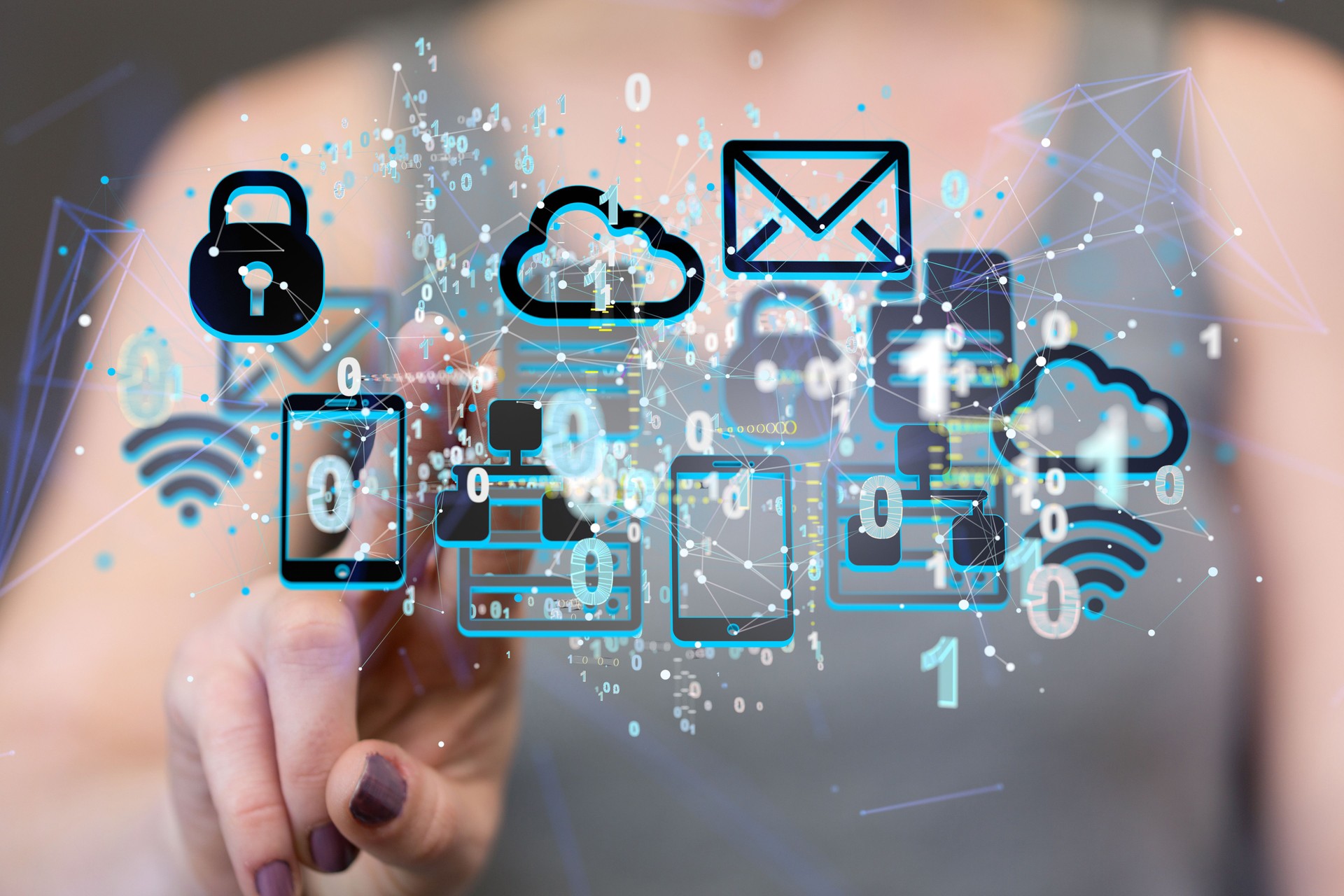 Concept of actionable analytics connecting people on the internet- floating icons of wifi, cloud